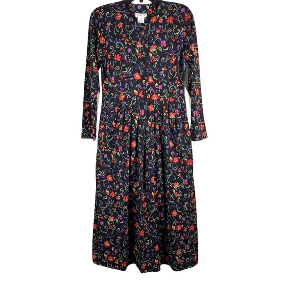 Vintage 90s Dress Modest Maxi Long Sleeve Black Floral Talbots Hong Kong Size XS - Picture 1 of 10